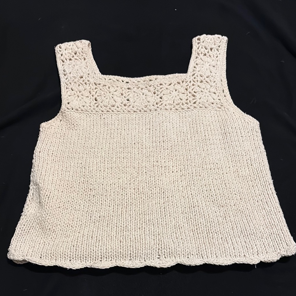 Cream Cropped Knit Tank Top with Lace Details